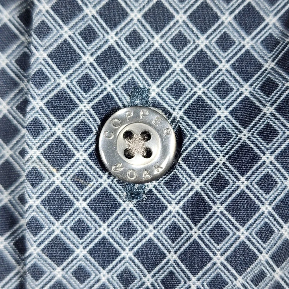 Copper & Oak Button Down Mens Large Blue Geometric Stretch Endurance Excellent